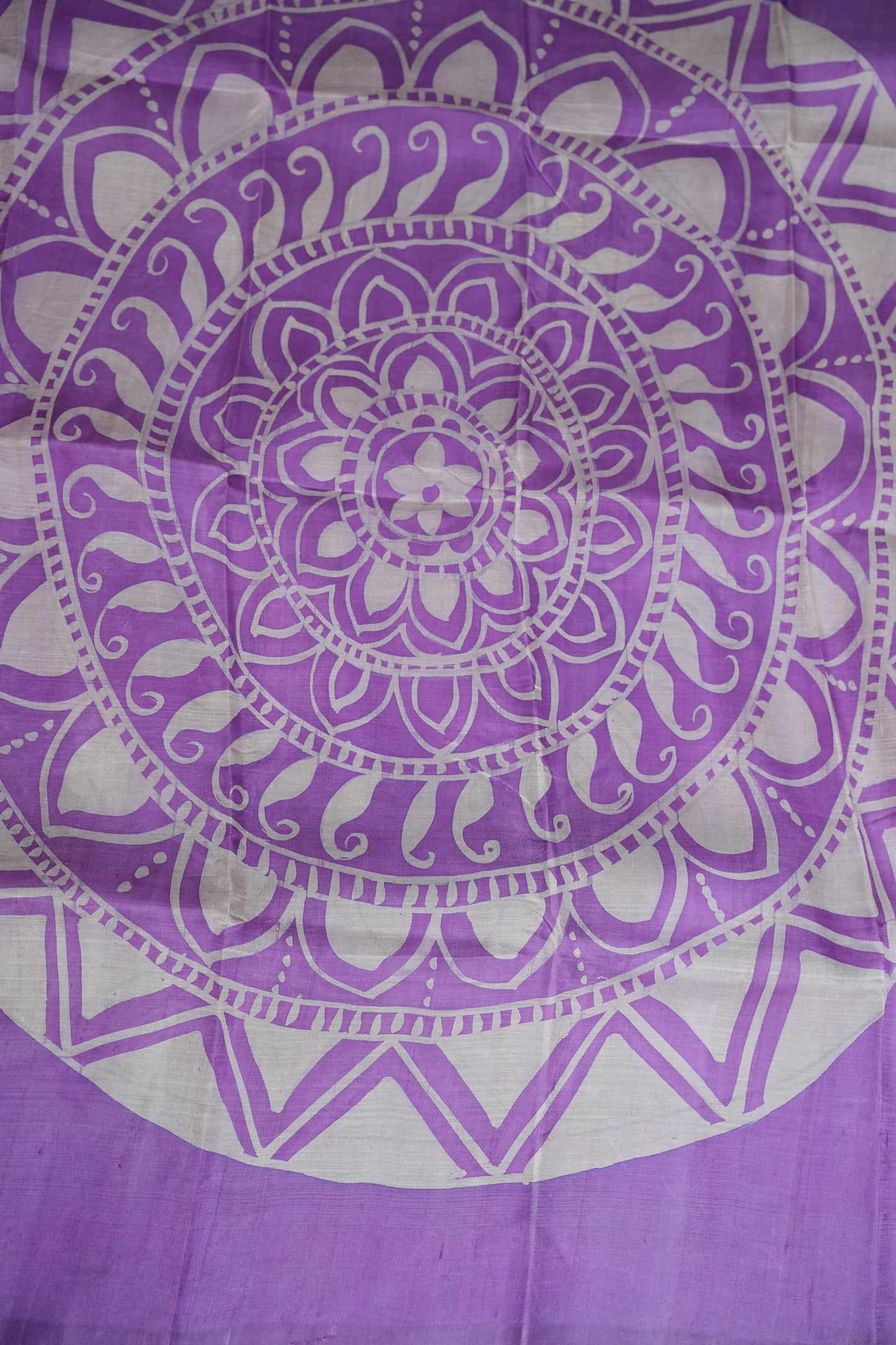 Pure Mulberry Silk Saree in Ivory with Lavender Mandala Batik Print | Silk Mark Certified