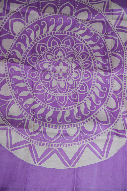 Pure Mulberry Silk Saree in Ivory with Lavender Mandala Batik Print | Silk Mark Certified