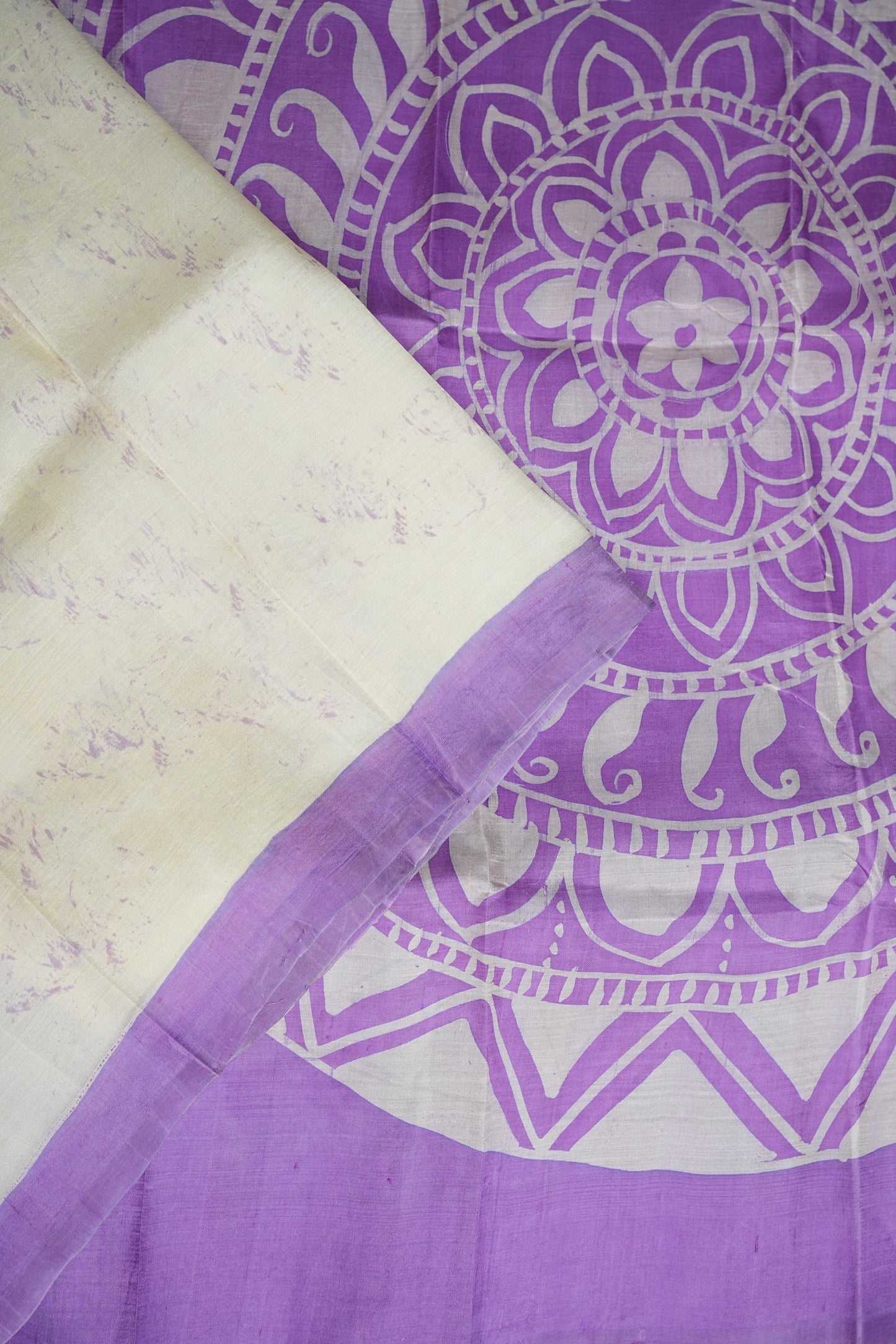 Pure Mulberry Silk Saree in Ivory with Lavender Mandala Batik Print | Silk Mark Certified