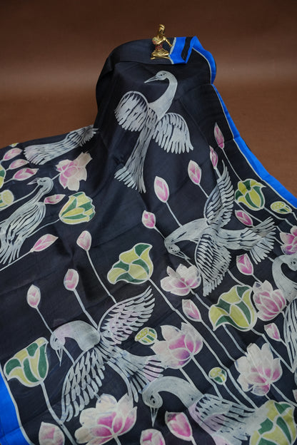 Pure Mulberry Silk Saree in Black with Crane & Lotus Batik Print | Silk Mark Certified