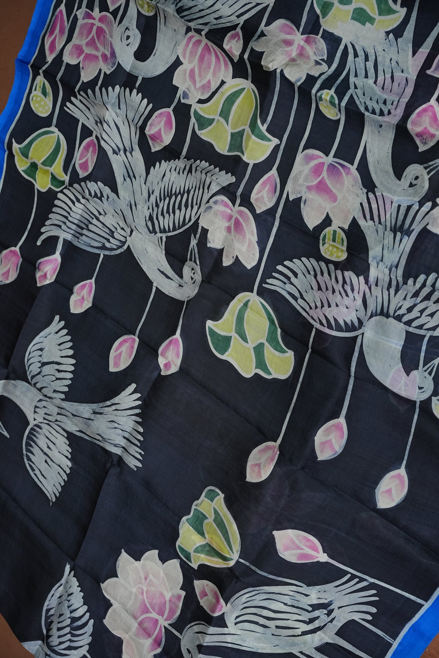 Pure Mulberry Silk Saree in Black with Crane & Lotus Batik Print | Silk Mark Certified