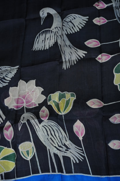 Pure Mulberry Silk Saree in Black with Crane & Lotus Batik Print | Silk Mark Certified