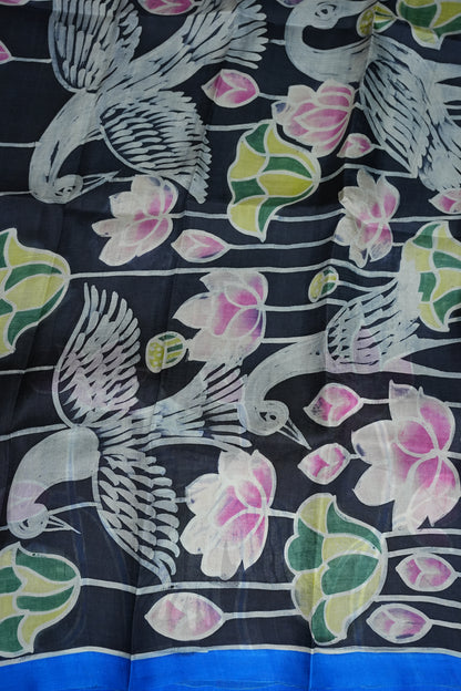 Pure Mulberry Silk Saree in Black with Crane & Lotus Batik Print | Silk Mark Certified