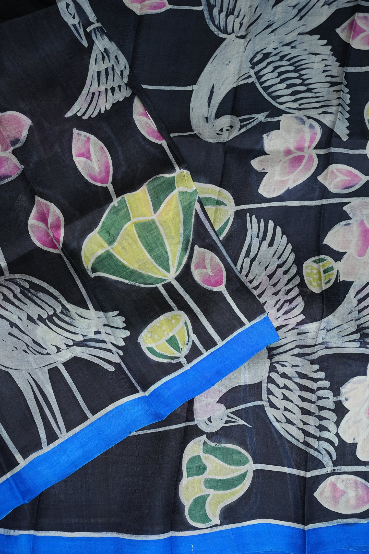 Pure Mulberry Silk Saree in Black with Crane & Lotus Batik Print | Silk Mark Certified