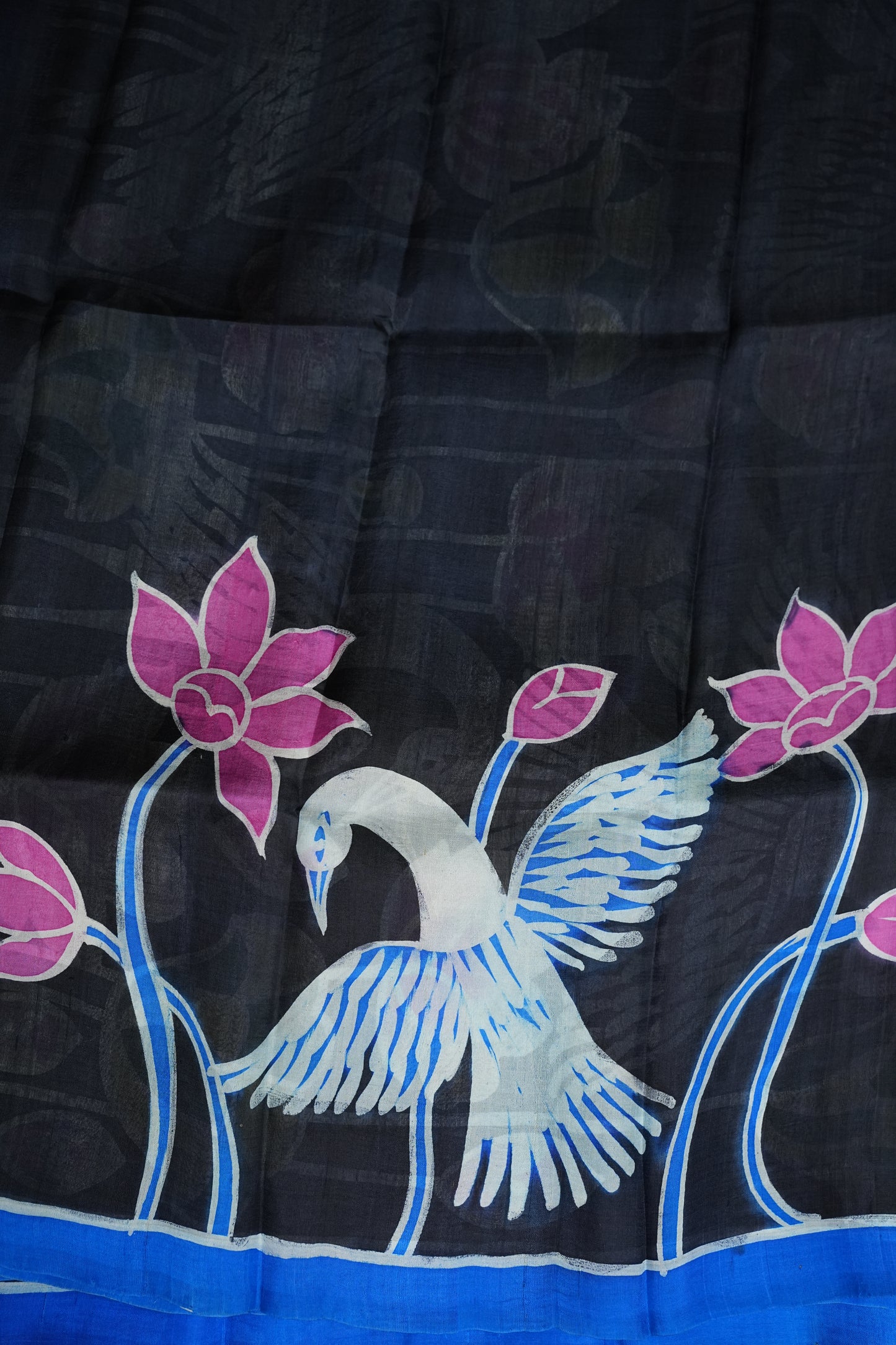 Pure Mulberry Silk Saree in Black with Crane & Lotus Batik Print | Silk Mark Certified