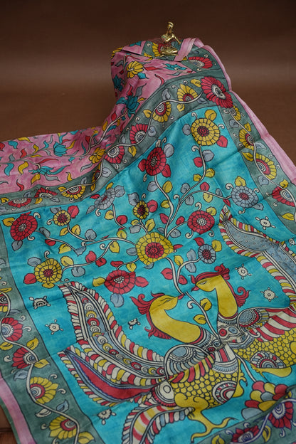 Pure Mulberry Silk Saree in Pink & Aqua Blue with Hand Painted Pen Kalamkari Art | Silk Mark Certified