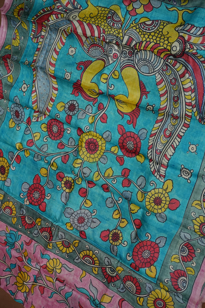 Pure Mulberry Silk Saree in Pink & Aqua Blue with Hand Painted Pen Kalamkari Art | Silk Mark Certified