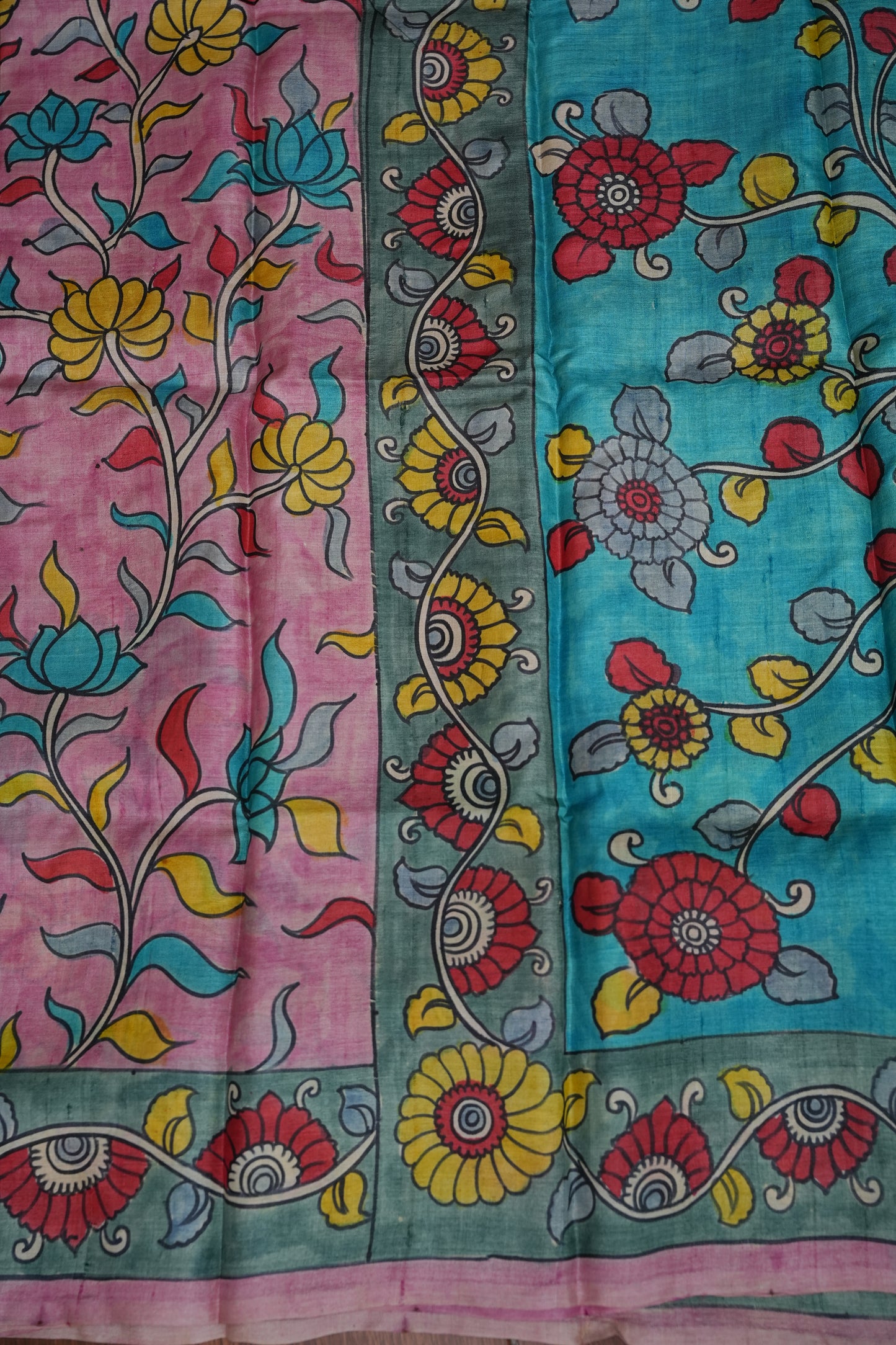 Pure Mulberry Silk Saree in Pink & Aqua Blue with Hand Painted Pen Kalamkari Art | Silk Mark Certified