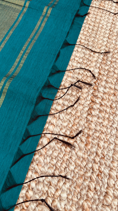 Pure Hand-Woven Cotton Silk Saree - Teal