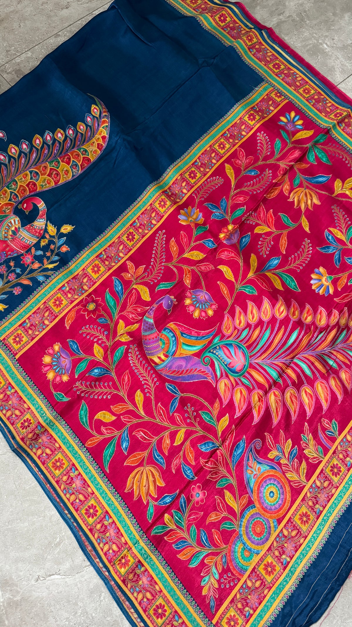 Kashmiri Pashmina Kani Silk Saree – Peacock Blue with Pink Contrast Blouse