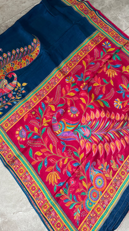 Kashmiri Pashmina Kani Silk Saree – Peacock Blue with Pink Contrast Blouse