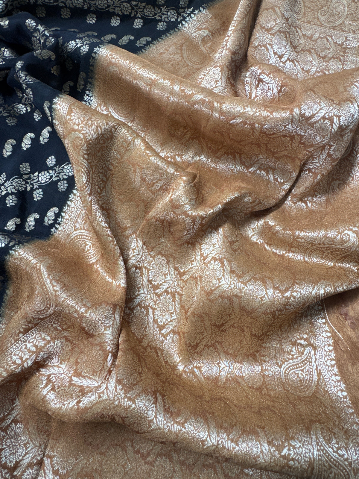 Munga Silk Banarasi Sarees - Black with Mustard Border