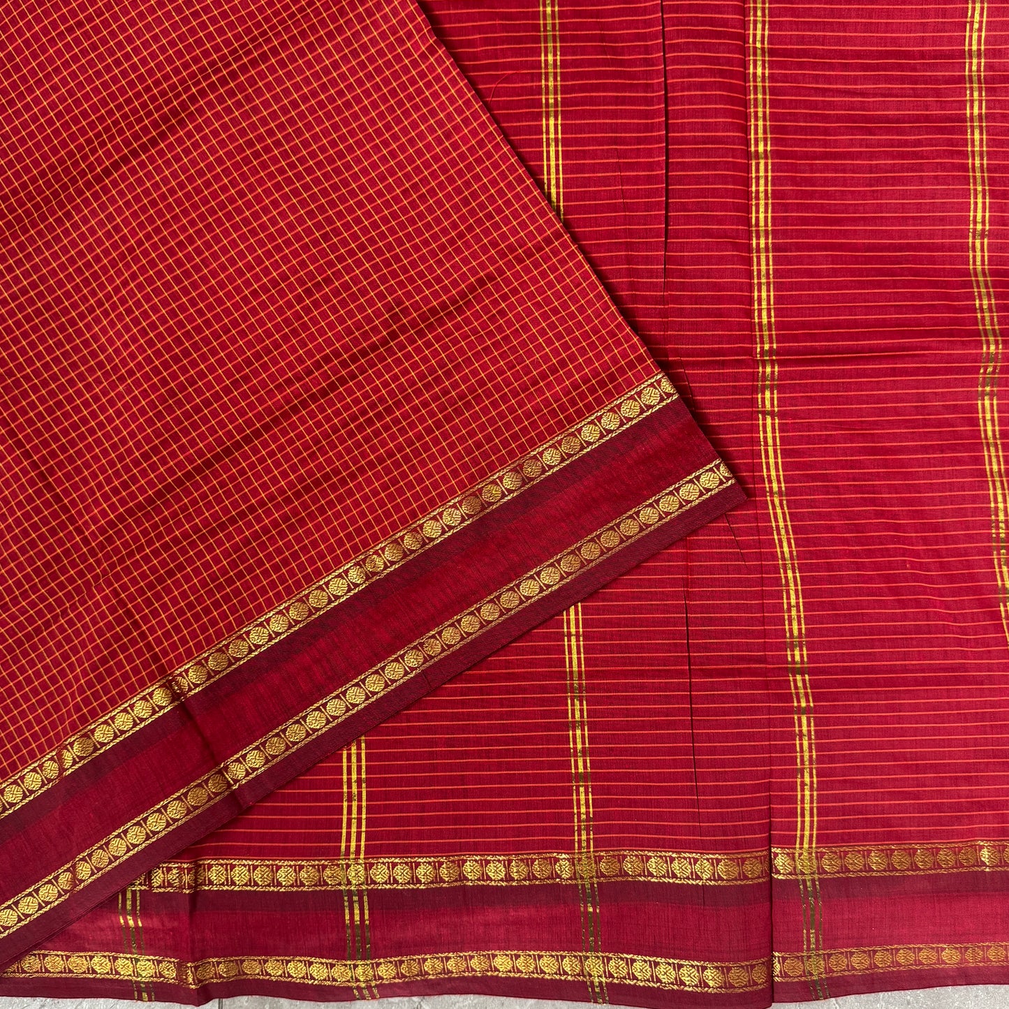 Pure Hand-Woven Checkered Cotton Silk Saree with Gap Border-Red