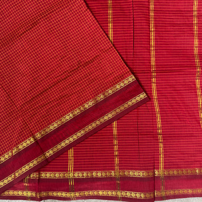 Pure Hand-Woven Checkered Cotton Silk Saree with Gap Border-Red