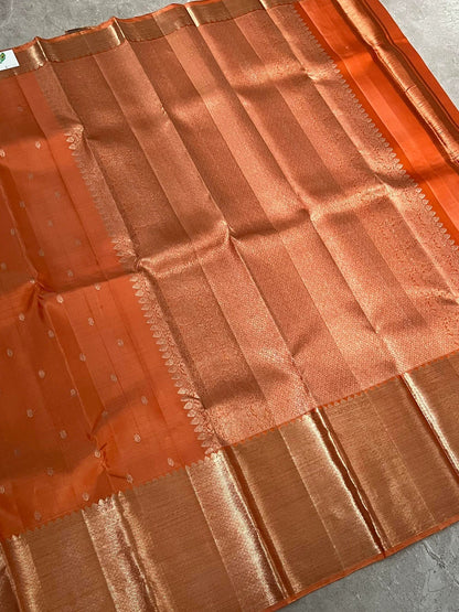 Dark Peach Pure Kanchipuram Silk Saree with Silver Zari Motifs Silk Mark Certified