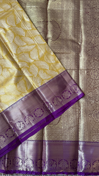 Semi Silk Mini Kanchivaram Tissue Saree – Light Golden Yellow & Magenta