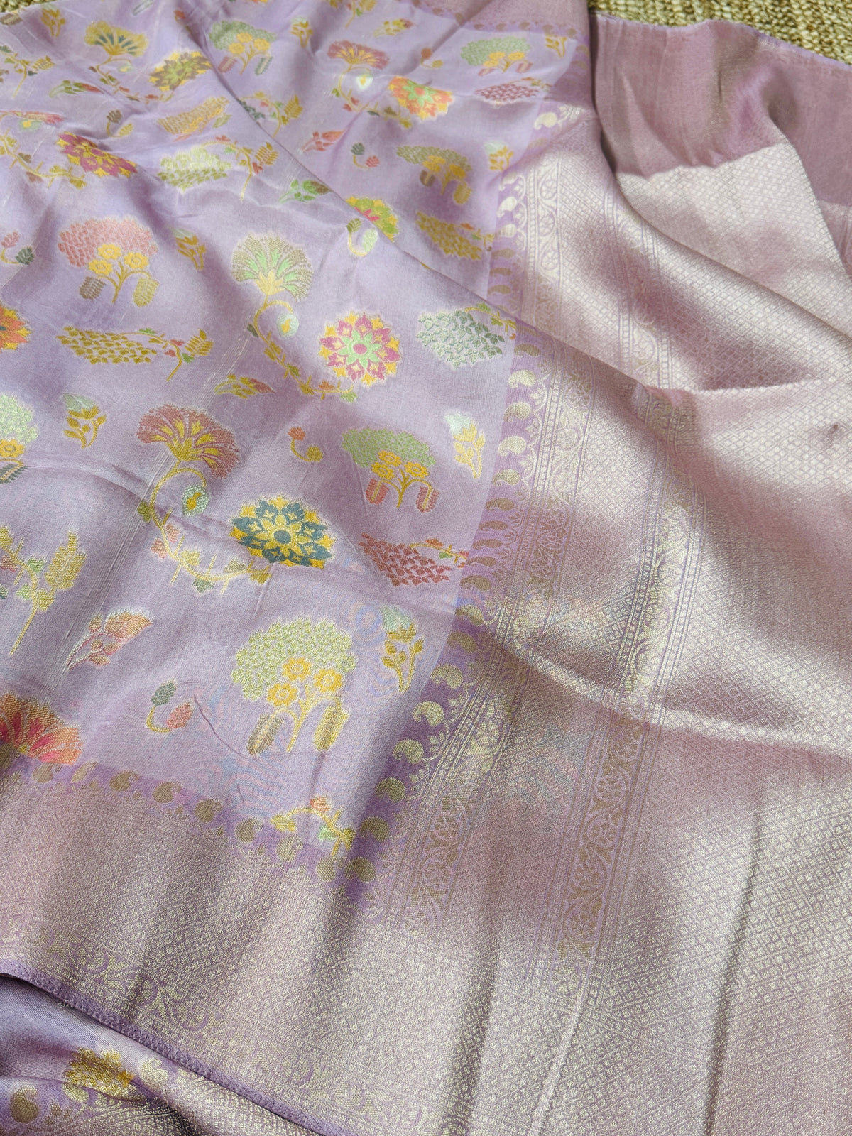 Lavender Pink Tussar Raw Silk Saree with Meenakari Woven Floral Elegance