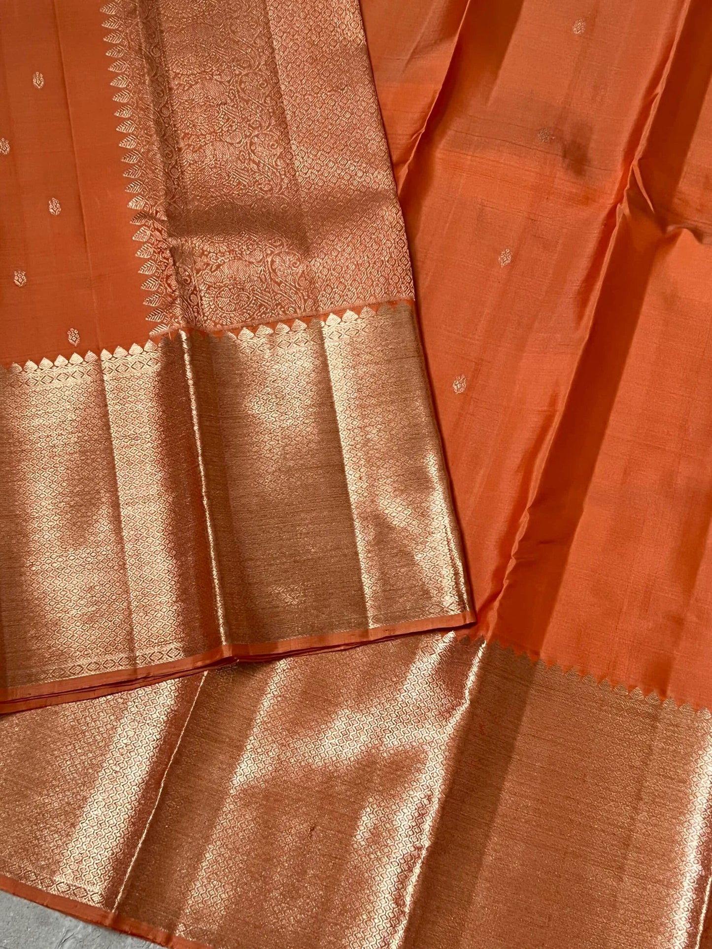 Dark Peach Pure Kanchipuram Silk Saree with Silver Zari Motifs Silk Mark Certified