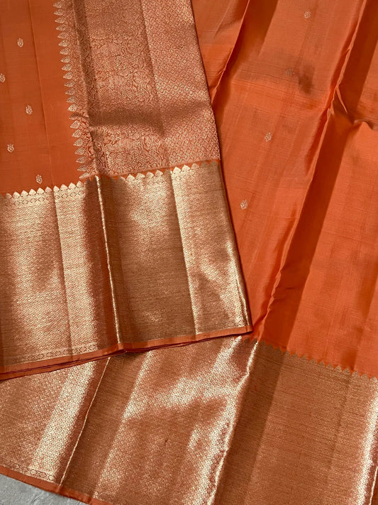 Dark Peach Pure Kanchipuram Silk Saree with Silver Zari Motifs Silk Mark Certified