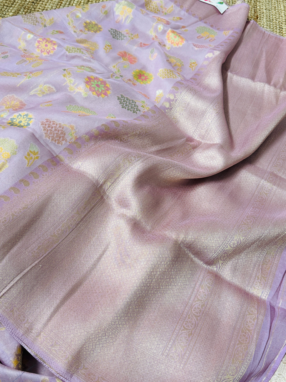 Lavender Pink Tussar Raw Silk Saree with Meenakari Woven Floral Elegance