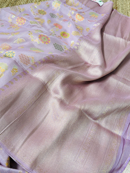 Lavender Pink Tussar Raw Silk Saree with Meenakari Woven Floral Elegance