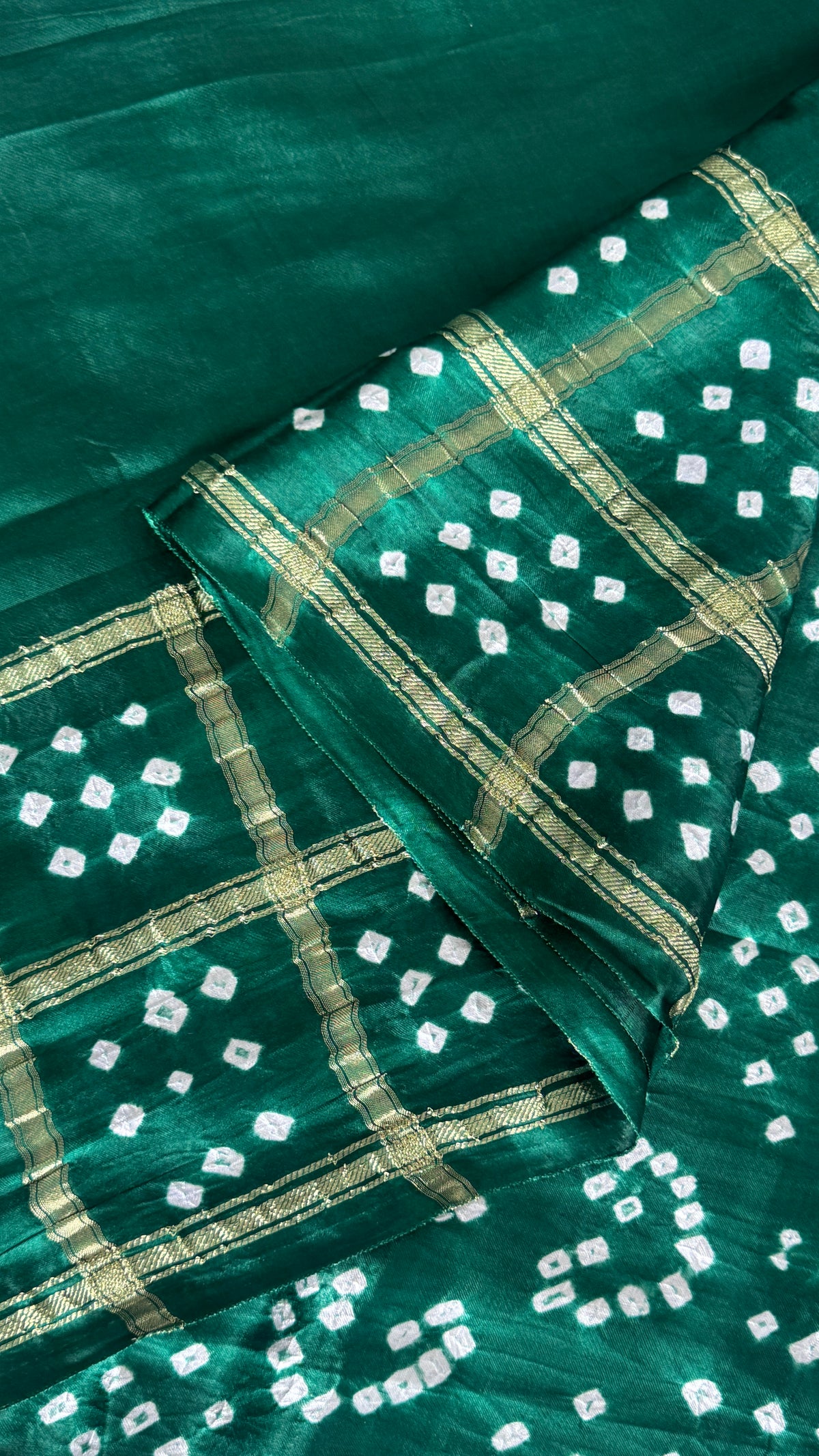 Tie & Dye Handknotted Gharchola Bandhej Pure Gajji Silk Saree - Bottle Green