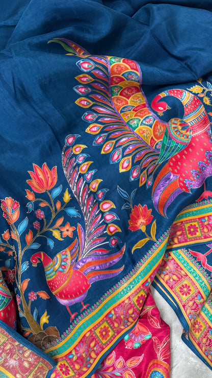 Kashmiri Pashmina Kani Silk Saree – Peacock Blue with Pink Contrast Blouse