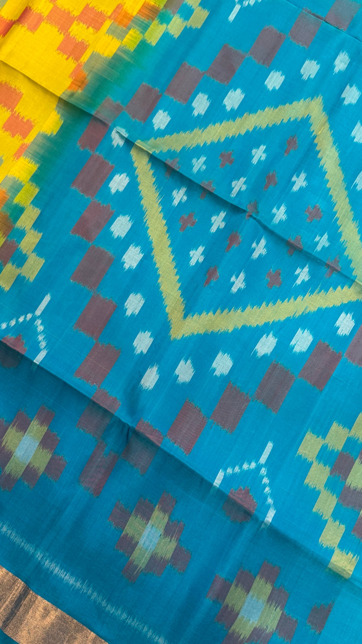 Pure Ikkat Soft Silk saree - Yellow & Turquoise Blue|Silk Mark Certified