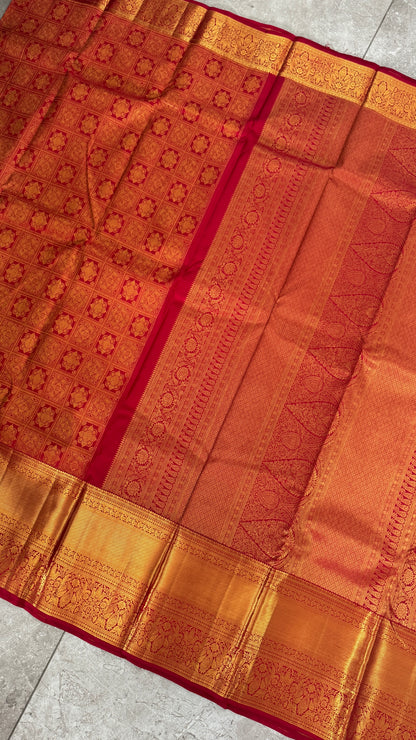 Bridal Red Pure Kanchivaram Silk Saree with Rich Gold Zari Border|Silk Mark Certified