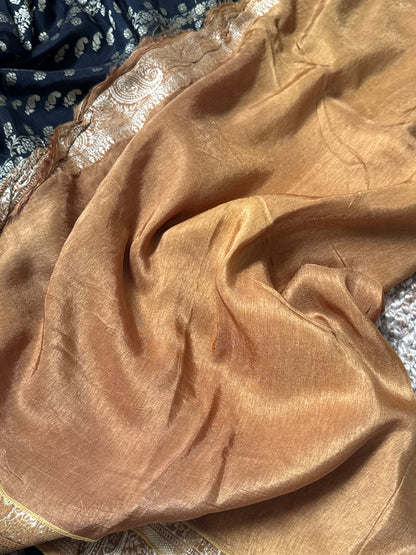 Munga Silk Banarasi Sarees - Black with Mustard Border