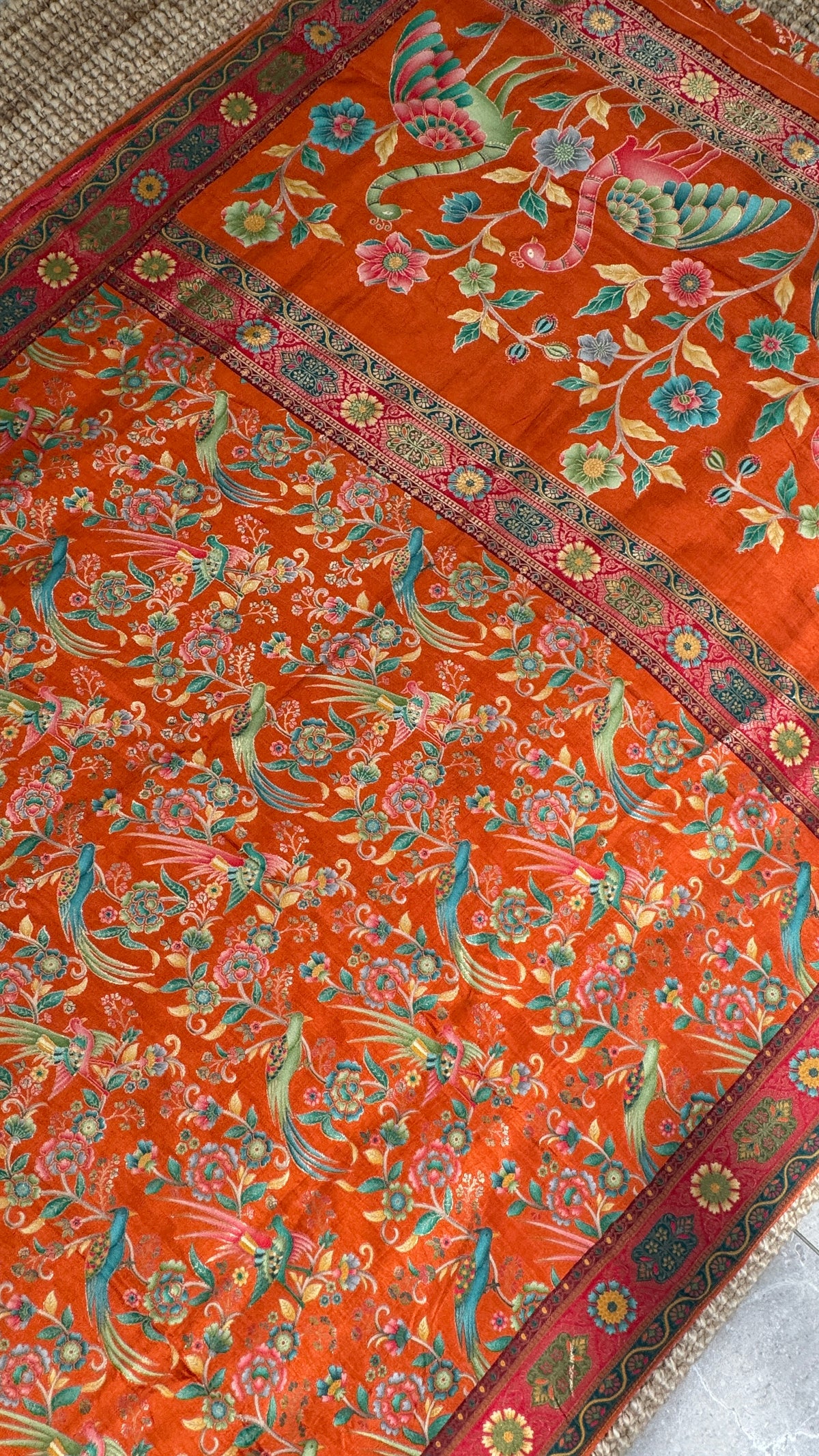 Kashmiri Pashmina Kani Silk Saree – Orange with Red Brocade Contrast Blouse