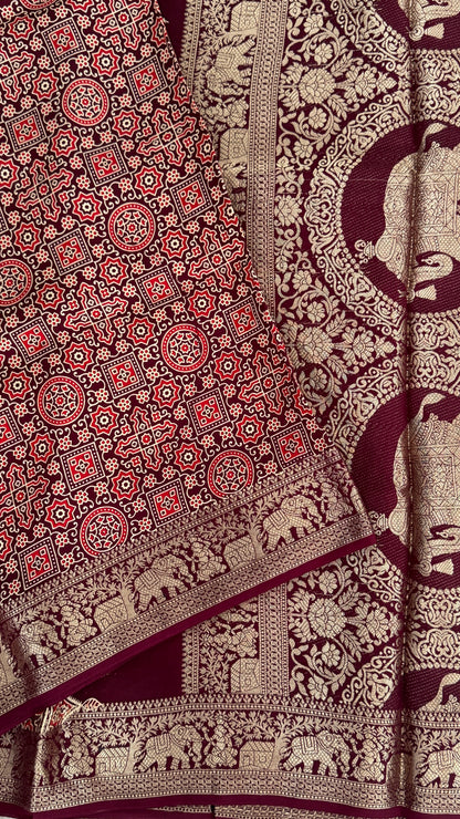 Pure Modal Based Saree with Ajrakh Prints & Banarasi Elephant Zari Border – Deep Maroon