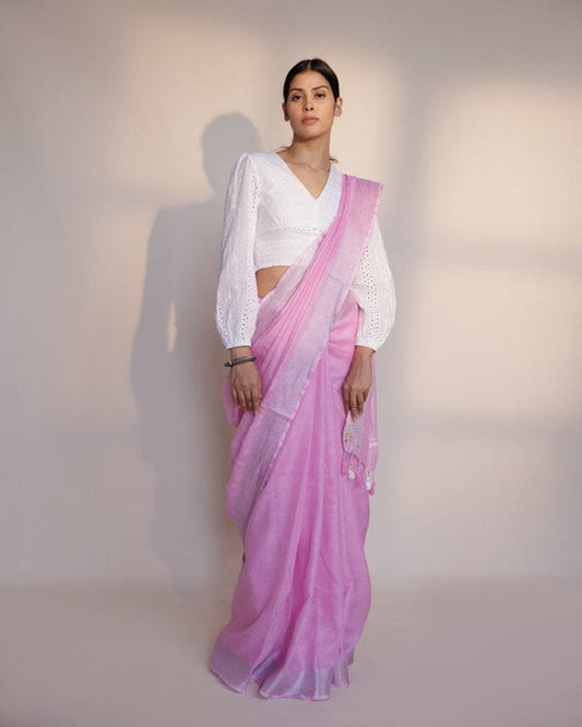 Pure Linen Saree with Tassles - Baby Pink