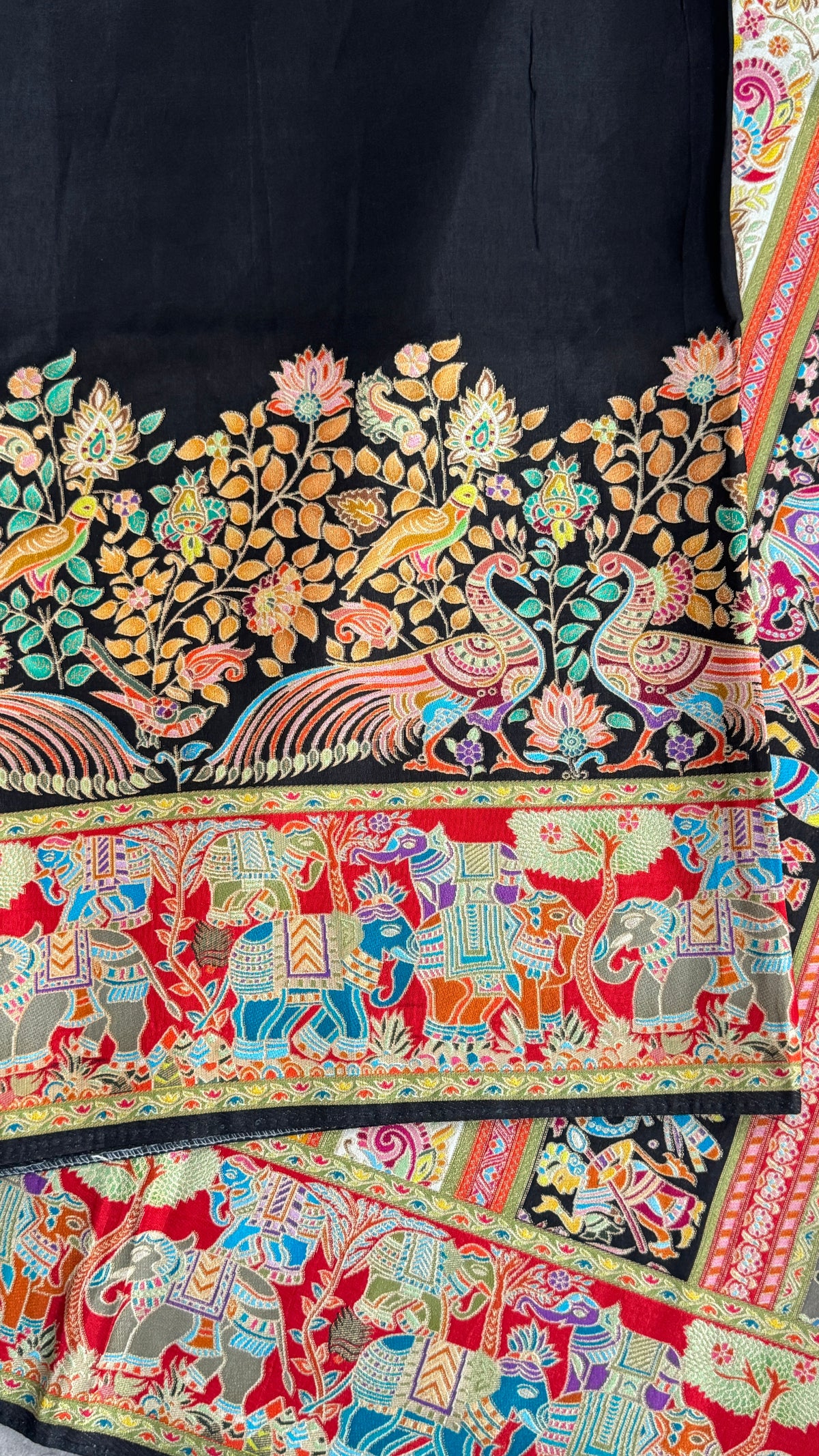 Kashmiri Pashmina Kani Silk Saree – Black with Red Brocade Blouse