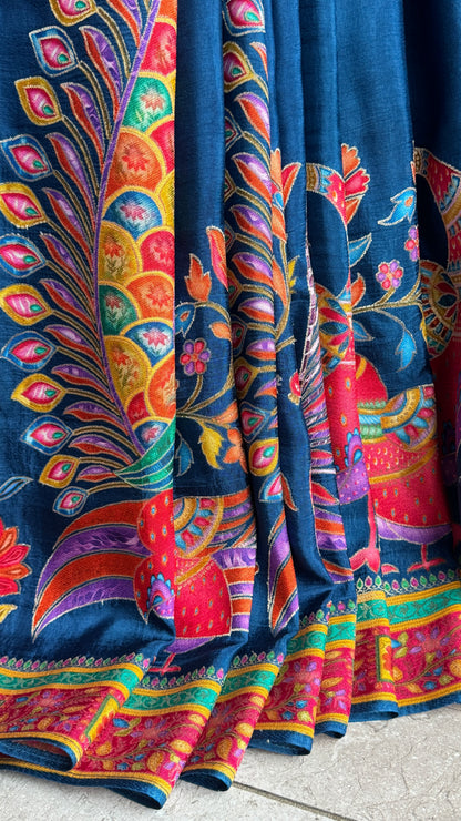 Kashmiri Pashmina Kani Silk Saree – Peacock Blue with Pink Contrast Blouse