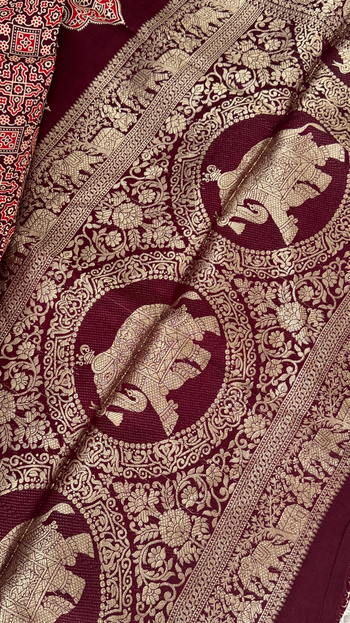 Pure Modal Based Saree with Ajrakh Prints & Banarasi Elephant Zari Border – Deep Maroon