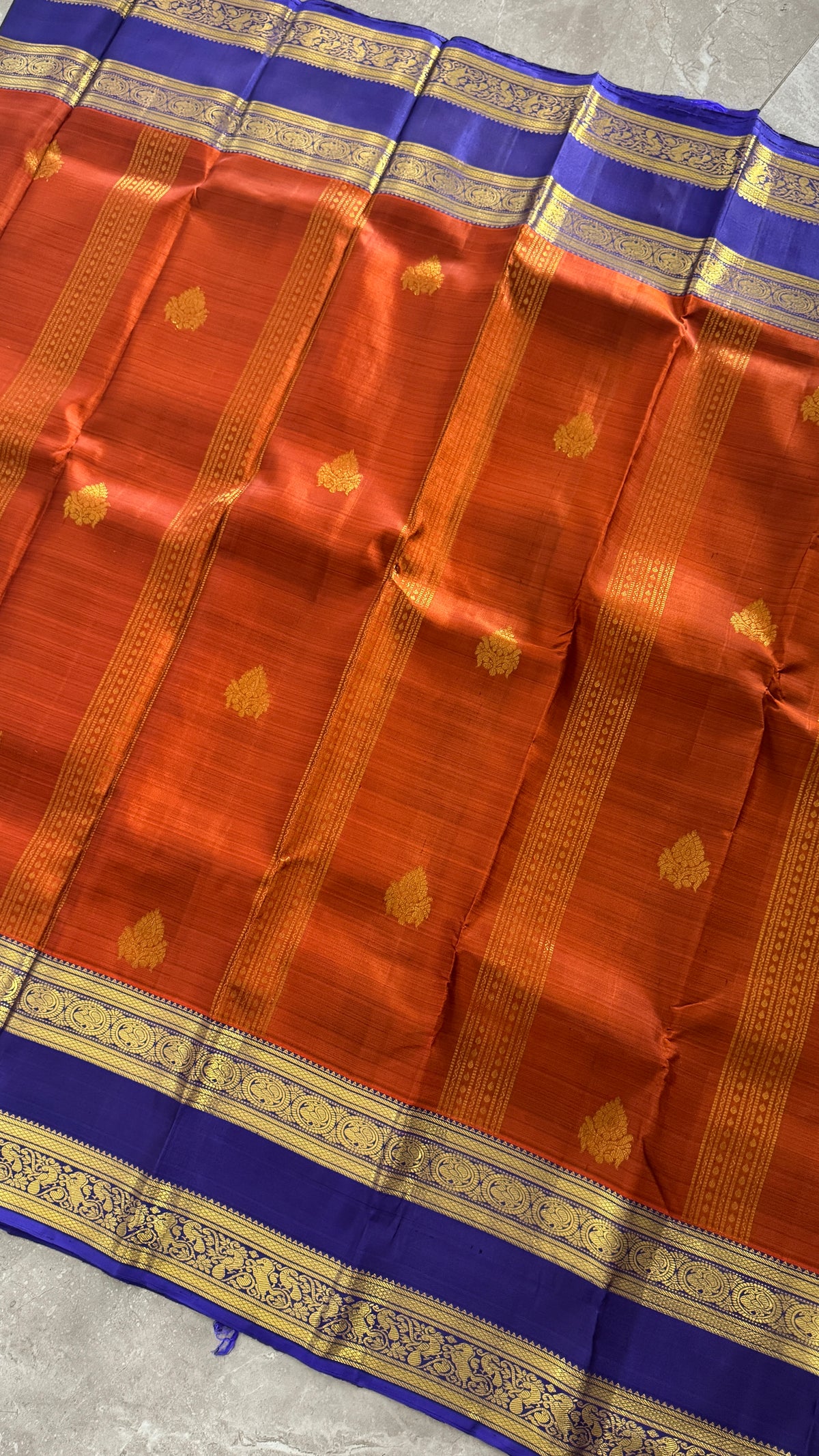 Vintage Wash Pure Kanchipuram Silk Saree – Rust with Royal Blue Contrast | Silk Mark Certified