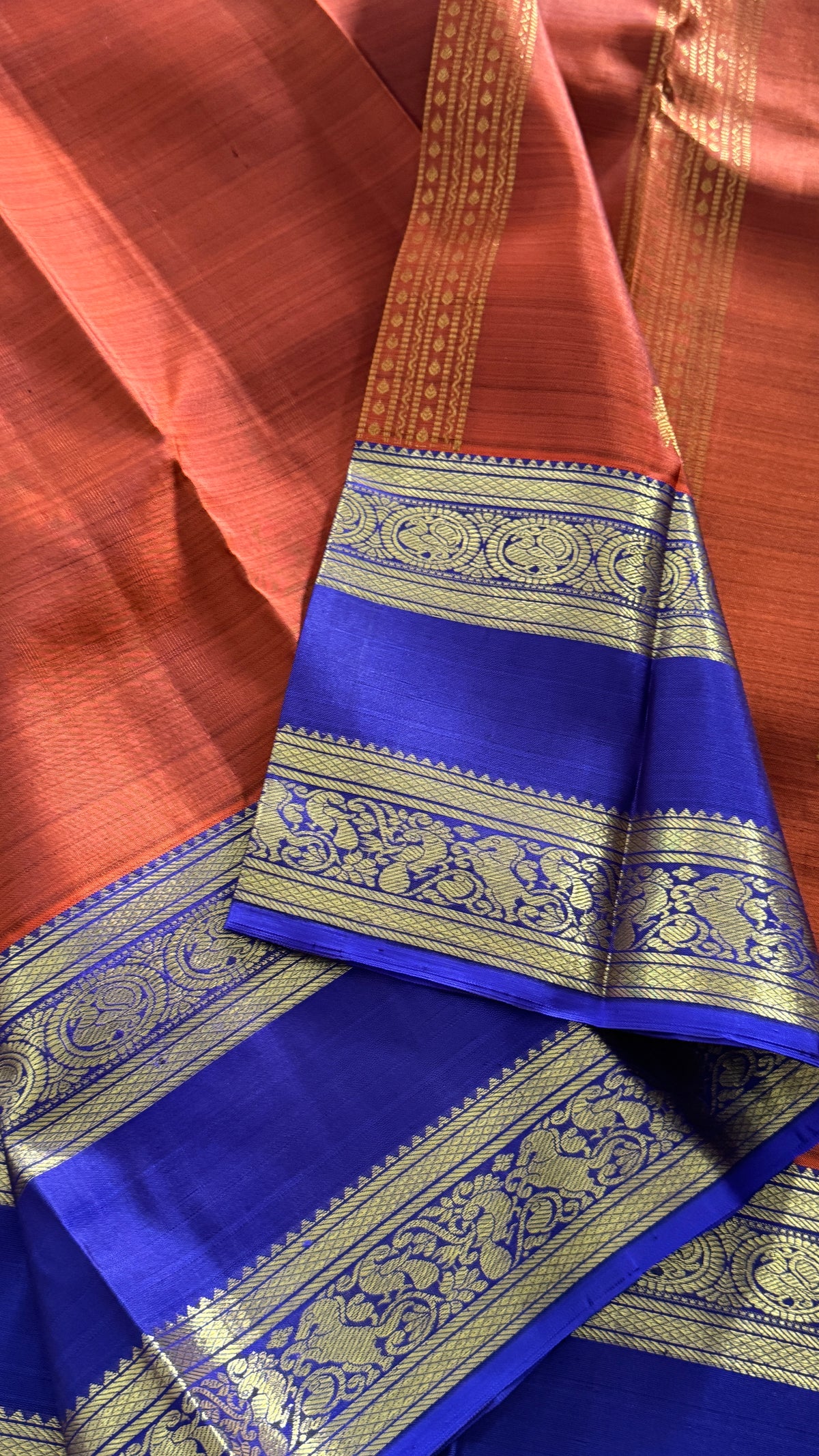 Vintage Wash Pure Kanchipuram Silk Saree – Rust with Royal Blue Contrast | Silk Mark Certified