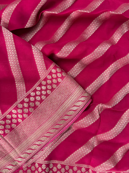 Pure Georgette Leheriya Saree – Dark Crossandra Pink with Gold Zari Weaving