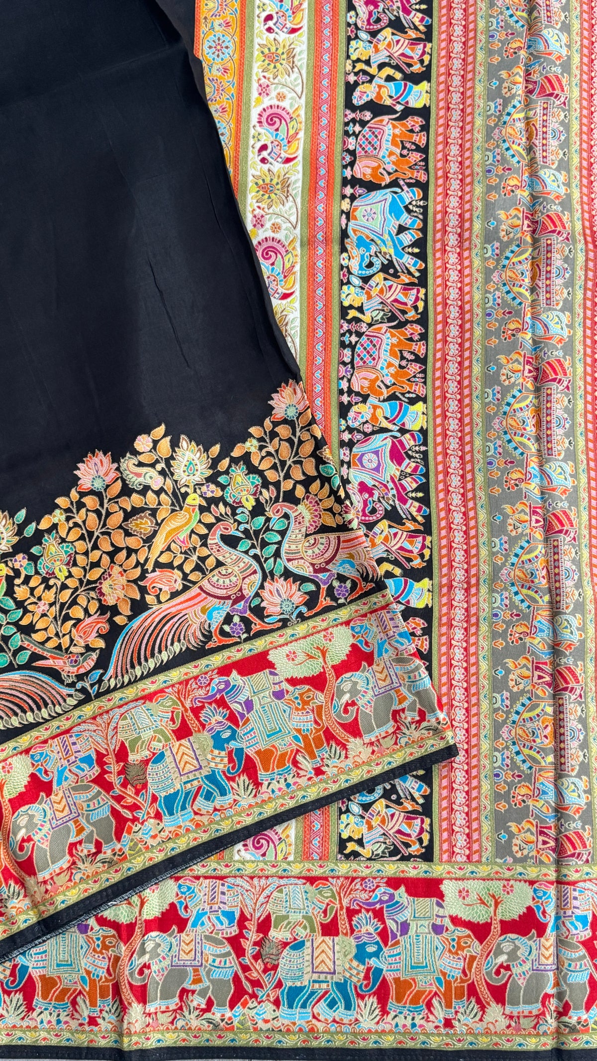 Kashmiri Pashmina Kani Silk Saree – Black with Red Brocade Blouse