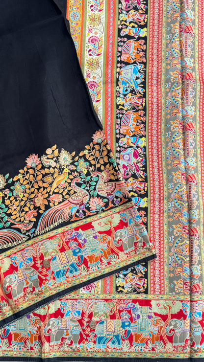 Kashmiri Pashmina Kani Silk Saree – Black with Red Brocade Blouse