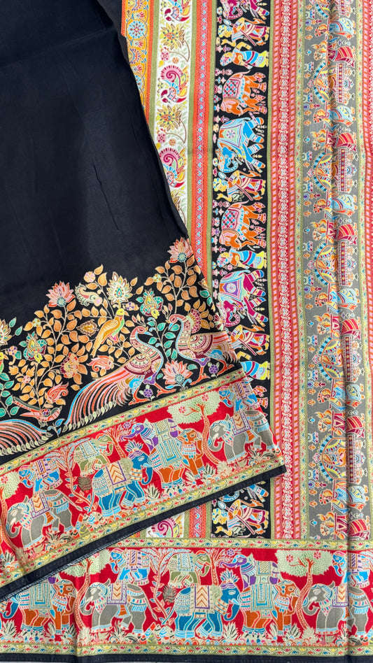 Kashmiri Pashmina Kani Silk Saree – Black with Red Brocade Blouse