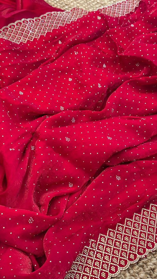 Red Party Wear Saree with Hand Embellished Stone Border