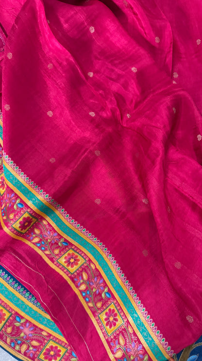 Kashmiri Pashmina Kani Silk Saree – Peacock Blue with Pink Contrast Blouse