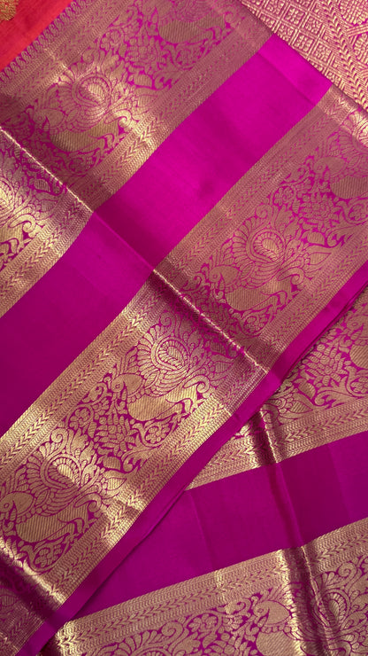 Vintage Wash Pure Kanchipuram Silk Saree – Orange with Magenta Pink | Silk Mark Certified
