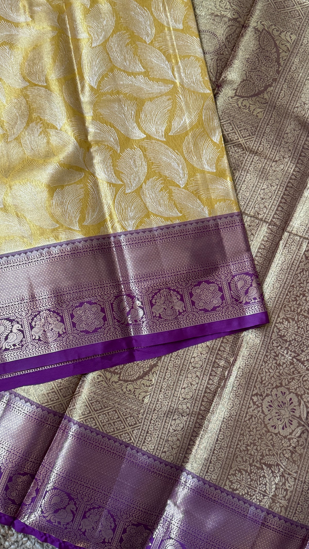 Semi Silk Mini Kanchivaram Tissue Saree – Light Golden Yellow & Magenta