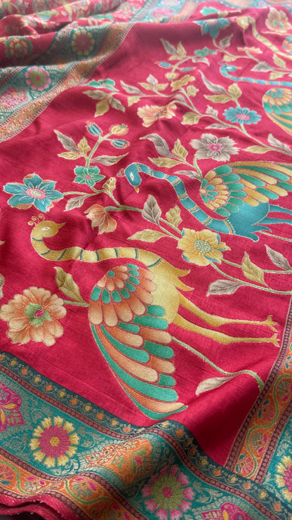 Kashmiri Pashmina Kani Silk Saree – Red with Teal Contrast Blouse