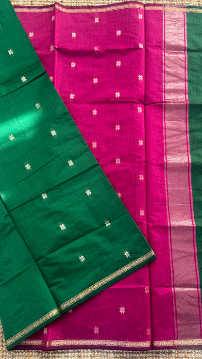 Maheshwari Silk Cotton Saree | Emerald Green With Pink