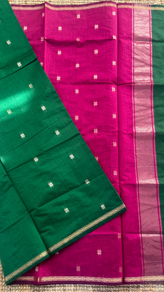 Maheshwari Silk Cotton Saree | Emerald Green With Pink