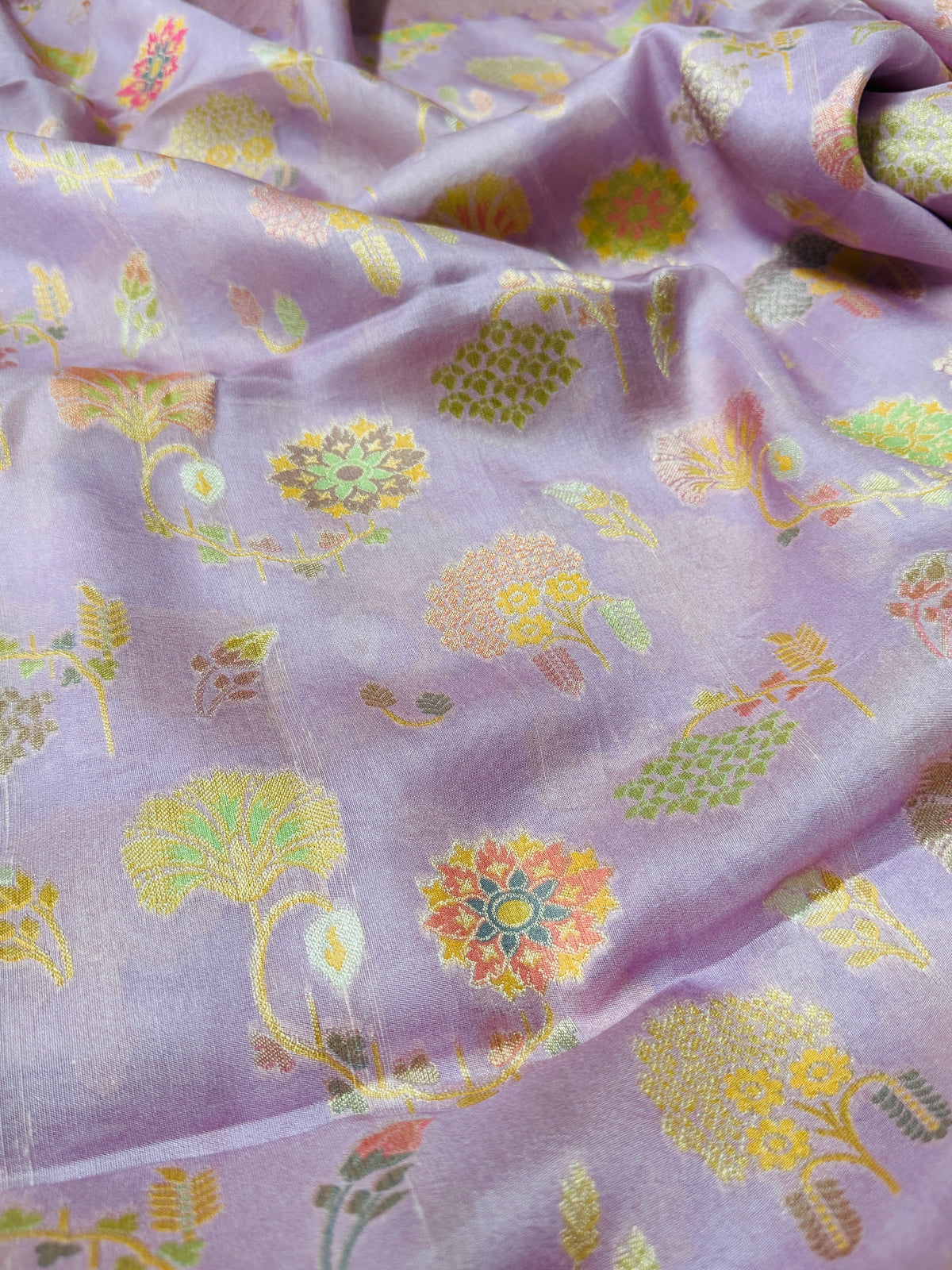 Lavender Pink Tussar Raw Silk Saree with Meenakari Woven Floral Elegance